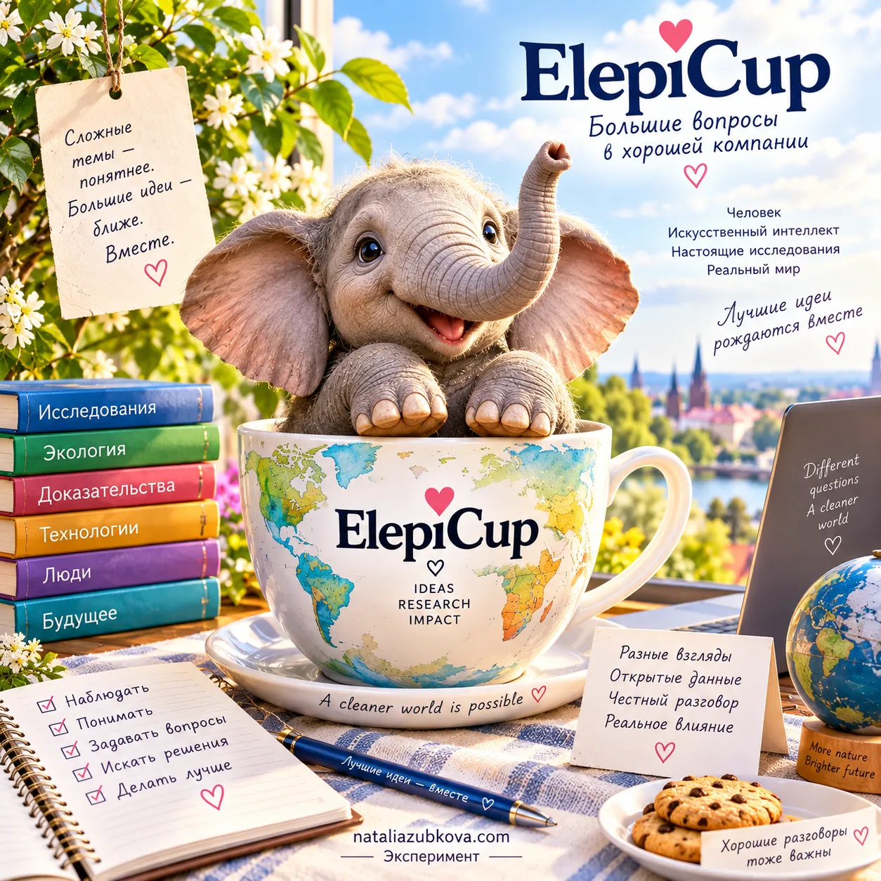 Слонёнок в чашке ElepiCup среди книг, заметок и исследовательских материалов