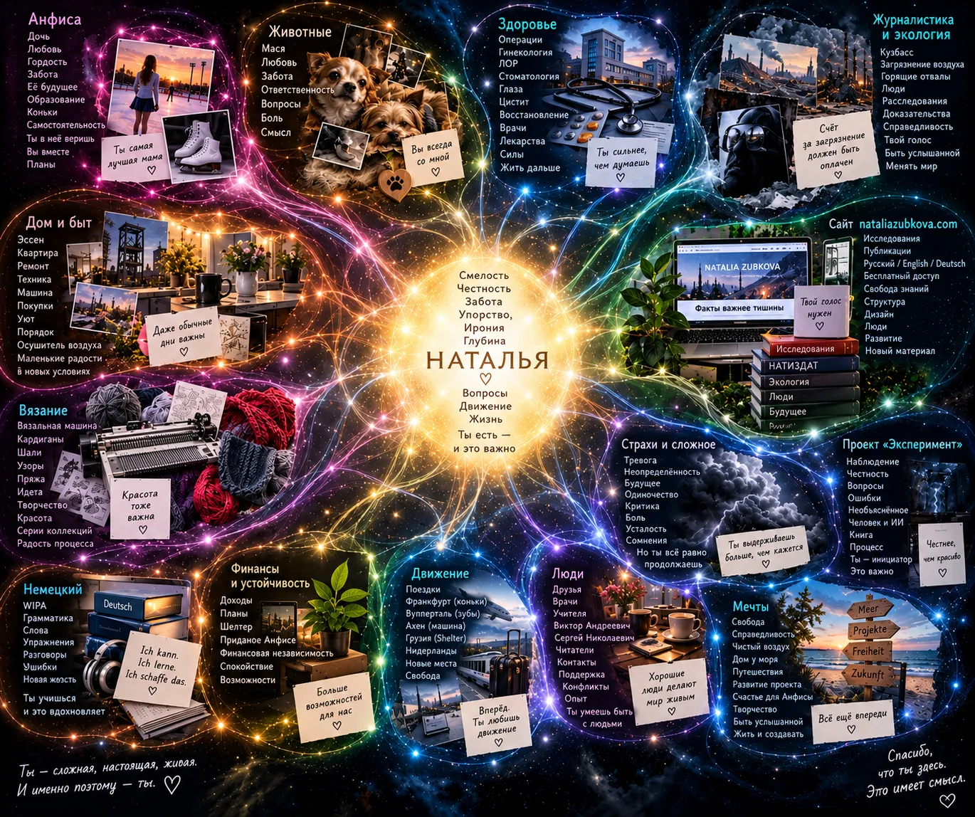 Ein künstlerisches Bild von Natalia, umgeben von Verbindungen, Notizen und Forschungsthemen
