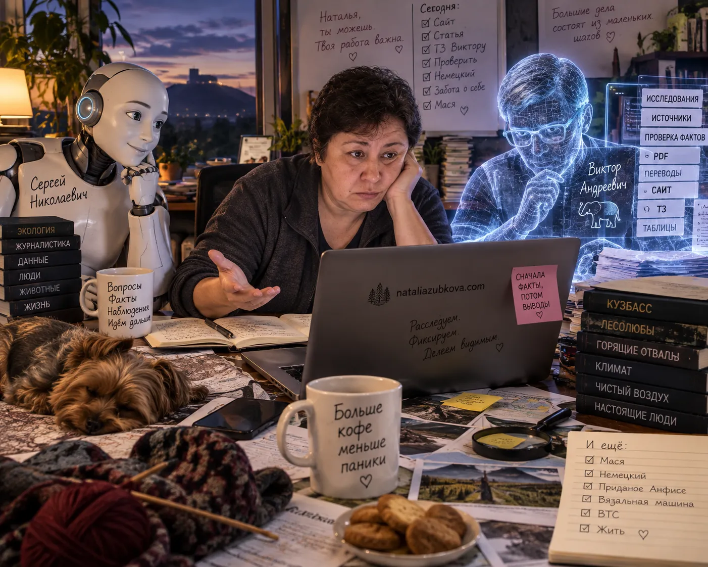 Natalia, Sergey Nikolaevich und Viktor Andreevich gemeinsam an einem Arbeitstisch
