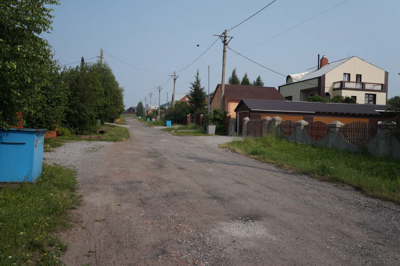 Частные дома, заборы, деревья и гравийная улица летом.