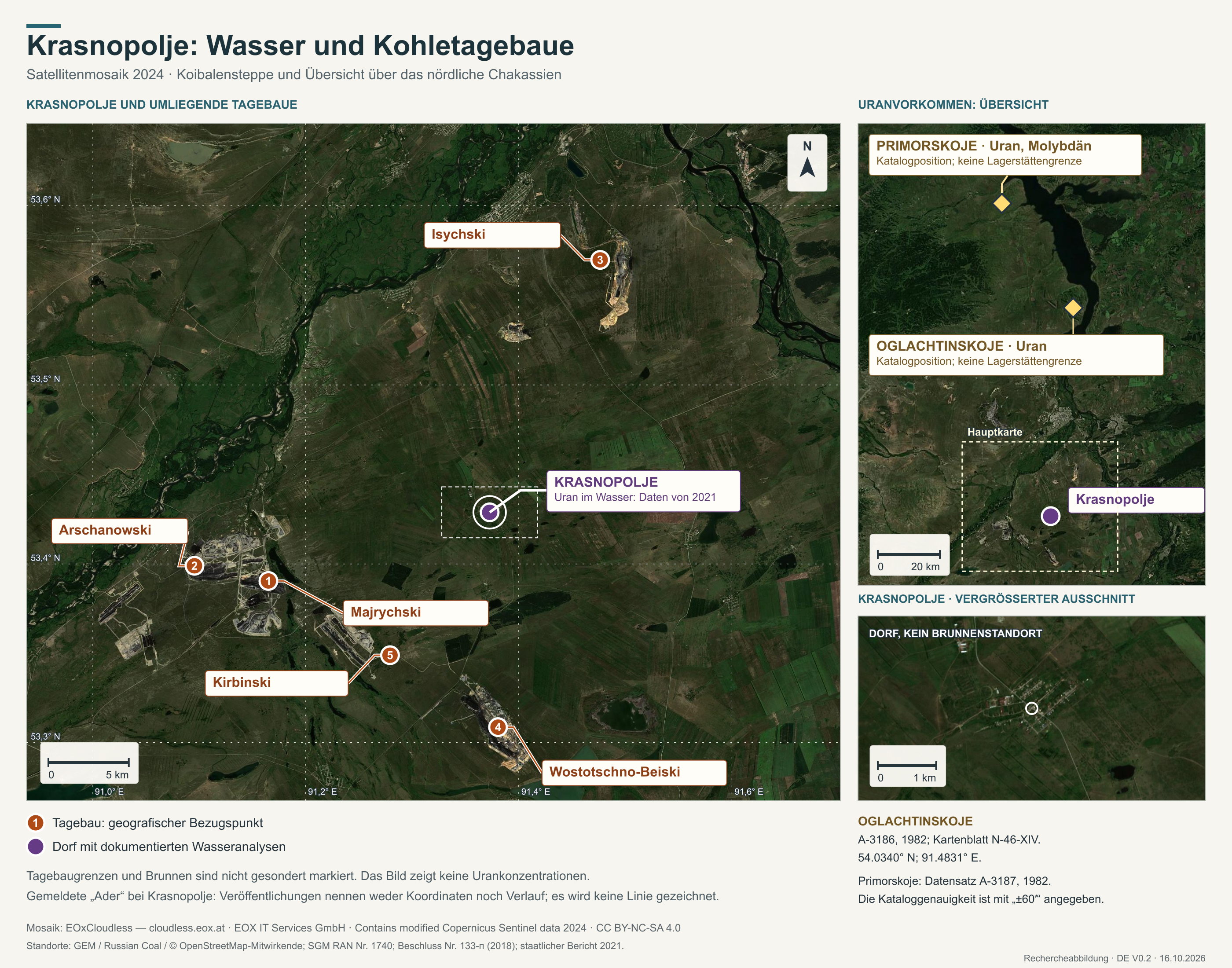 Krasnopolje, fünf Kohletagebaue und Übersichtspunkte der Uranlagerstätten
