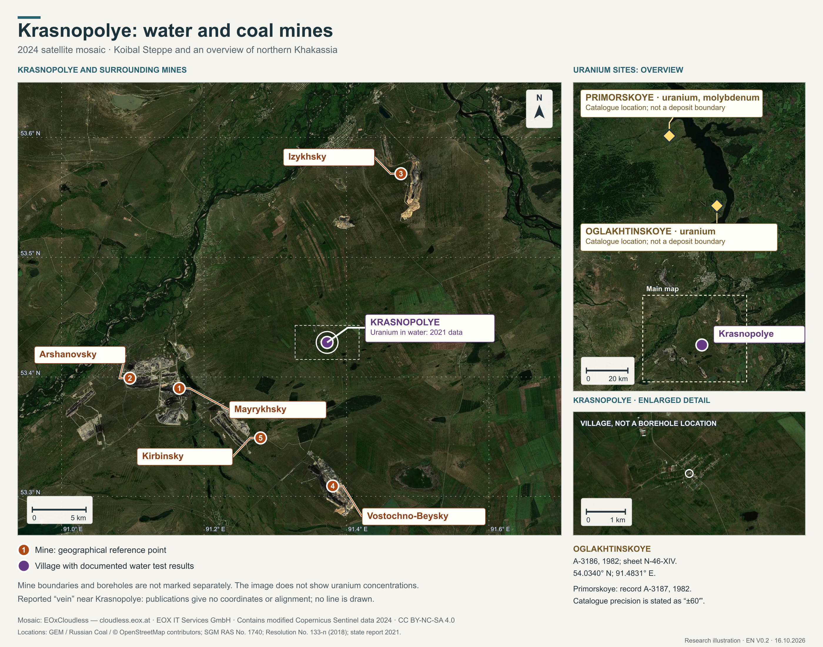 Krasnopolye, five open-pit coal mines and overview locations of uranium deposits