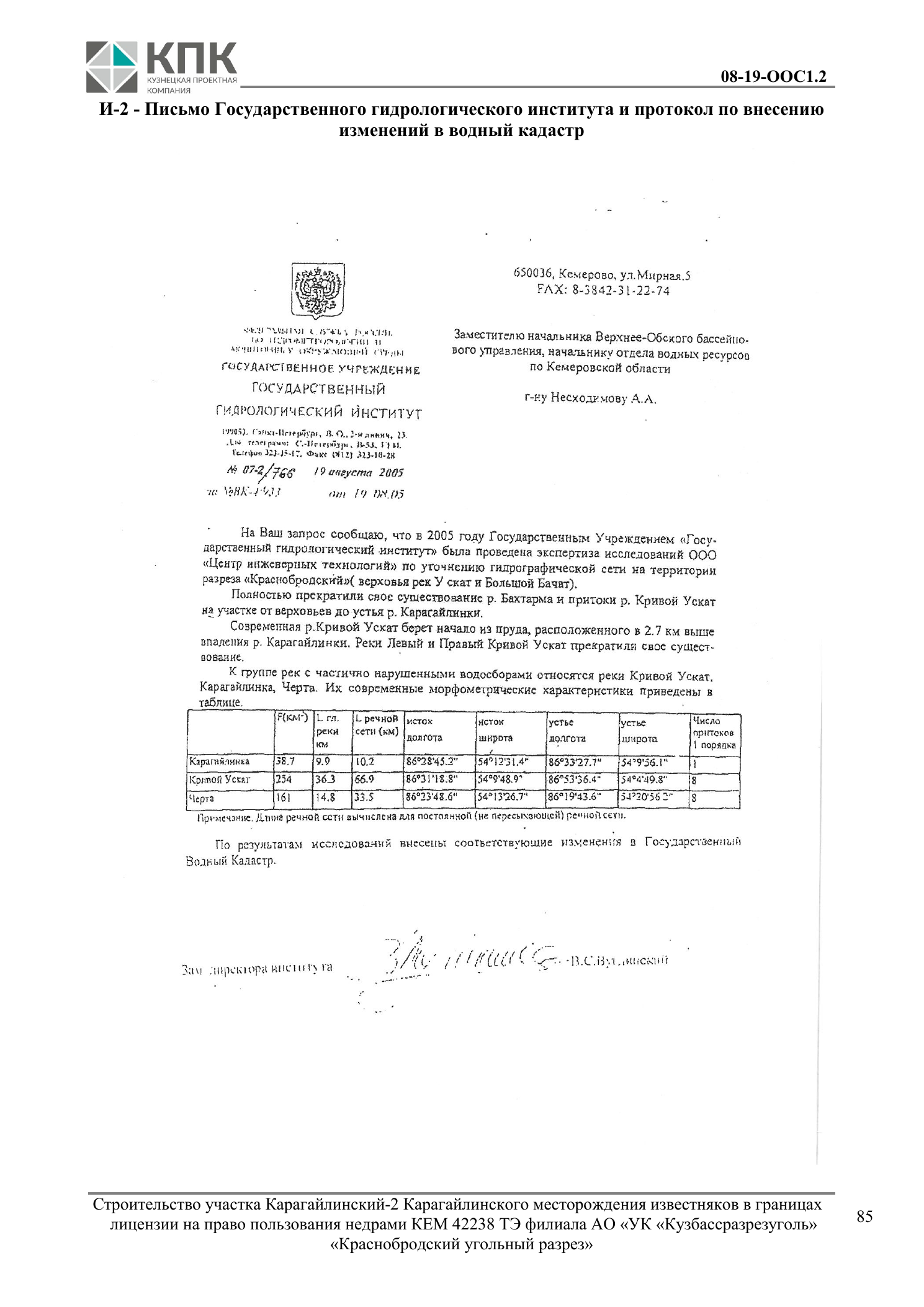 Письмо Государственного гидрологического института от 19 августа 2005 года